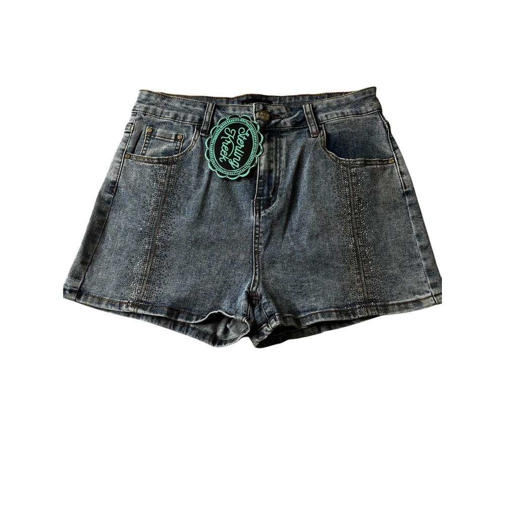 Sterling Kreek Womens Acid Wash Rhinestone Denim Shorts Blue High Rise Small NEW